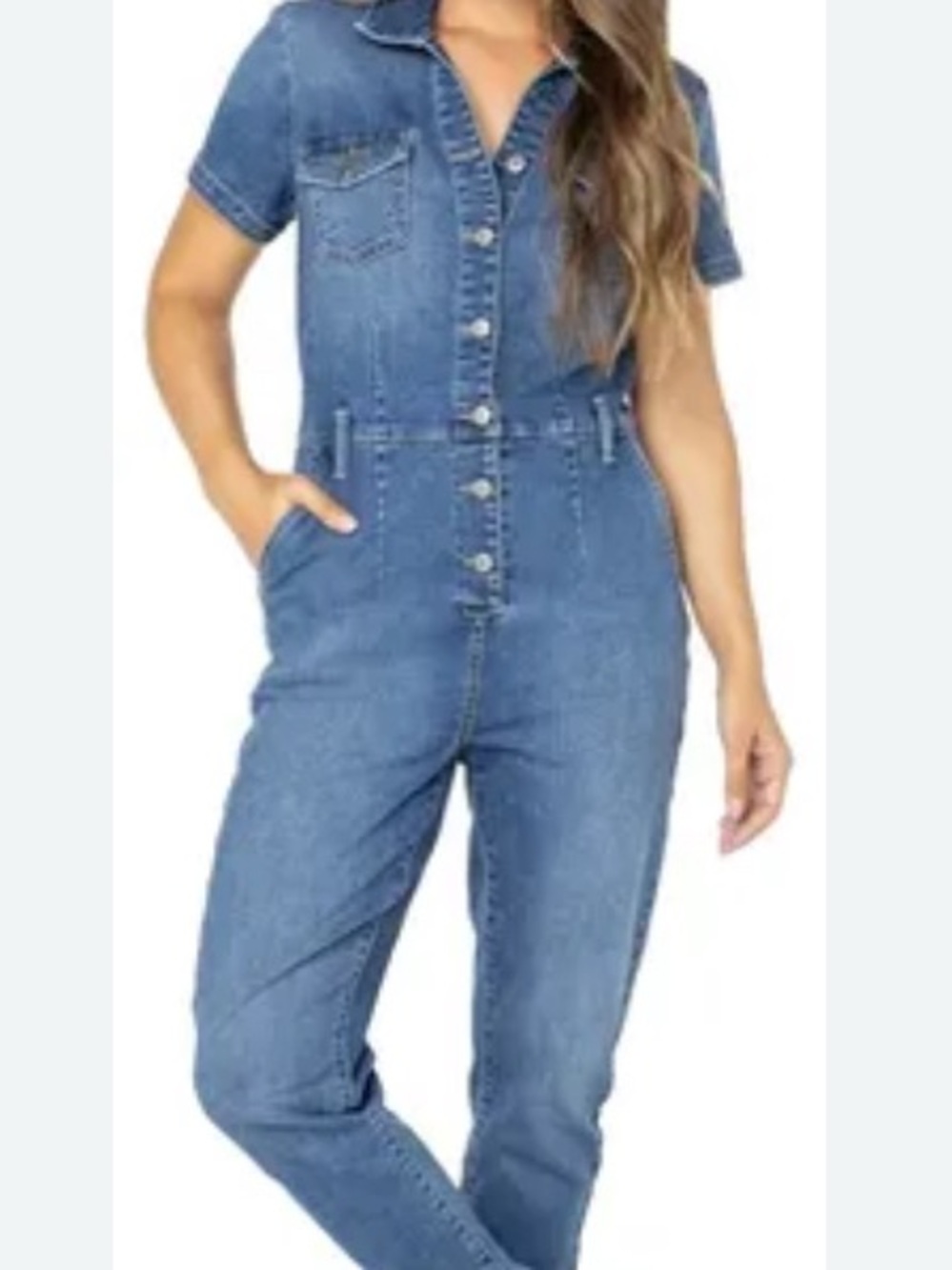 Celebrity Pink Short-Sleeve Blue Denim Overalls Jumpsuit